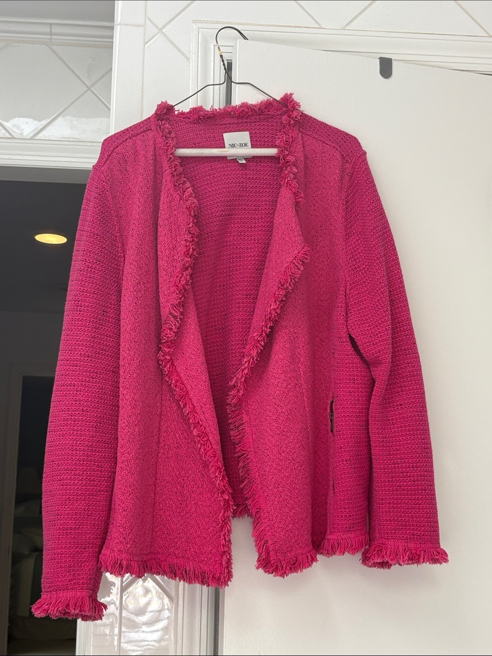 NIC+ZOE Hot Pink Fringe Open-Front Knit Blazer